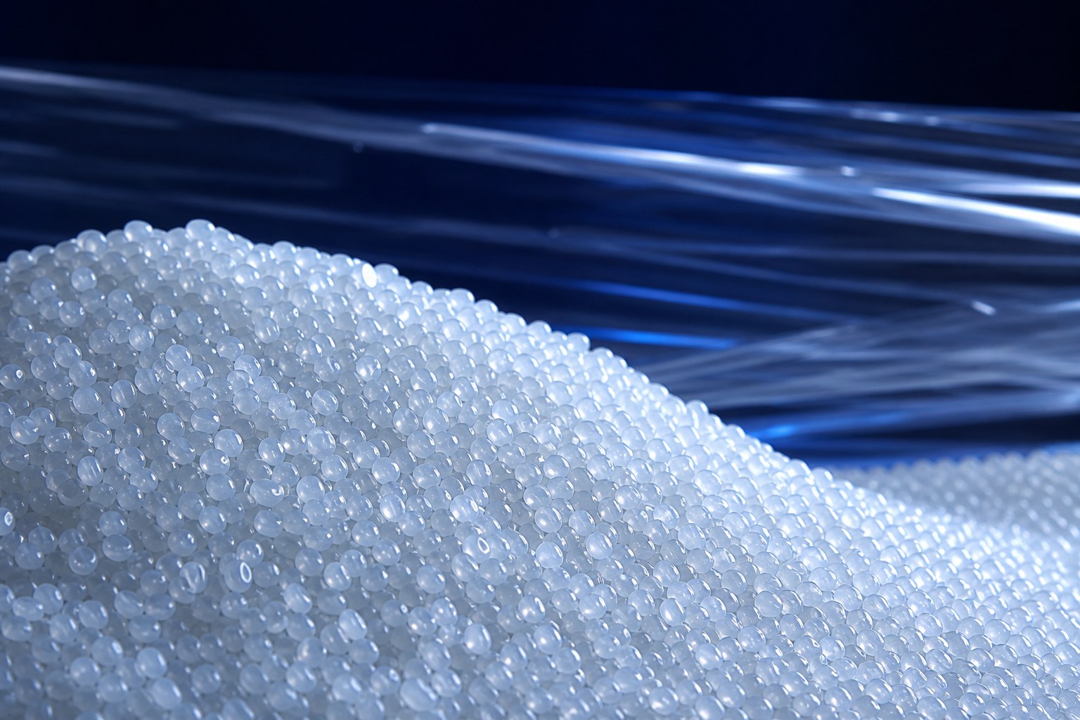 Translucent LLDPE granules with stretch film in the background