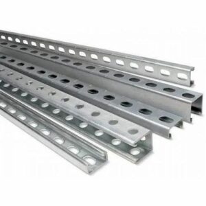 Galvanized metal strut channels for industrial and construction applications.