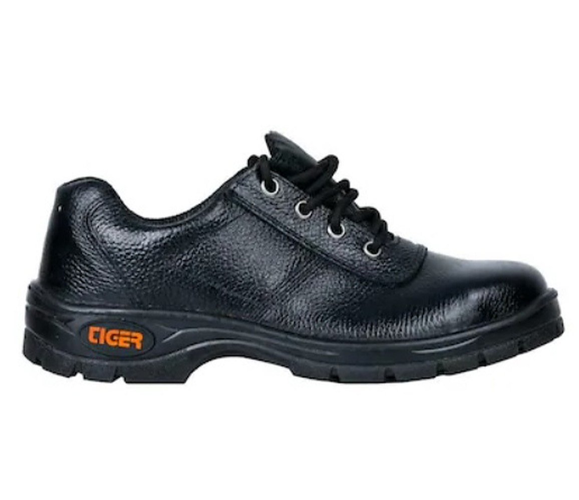Heavy-duty black safety shoes with reinforced soles for workplace safety.